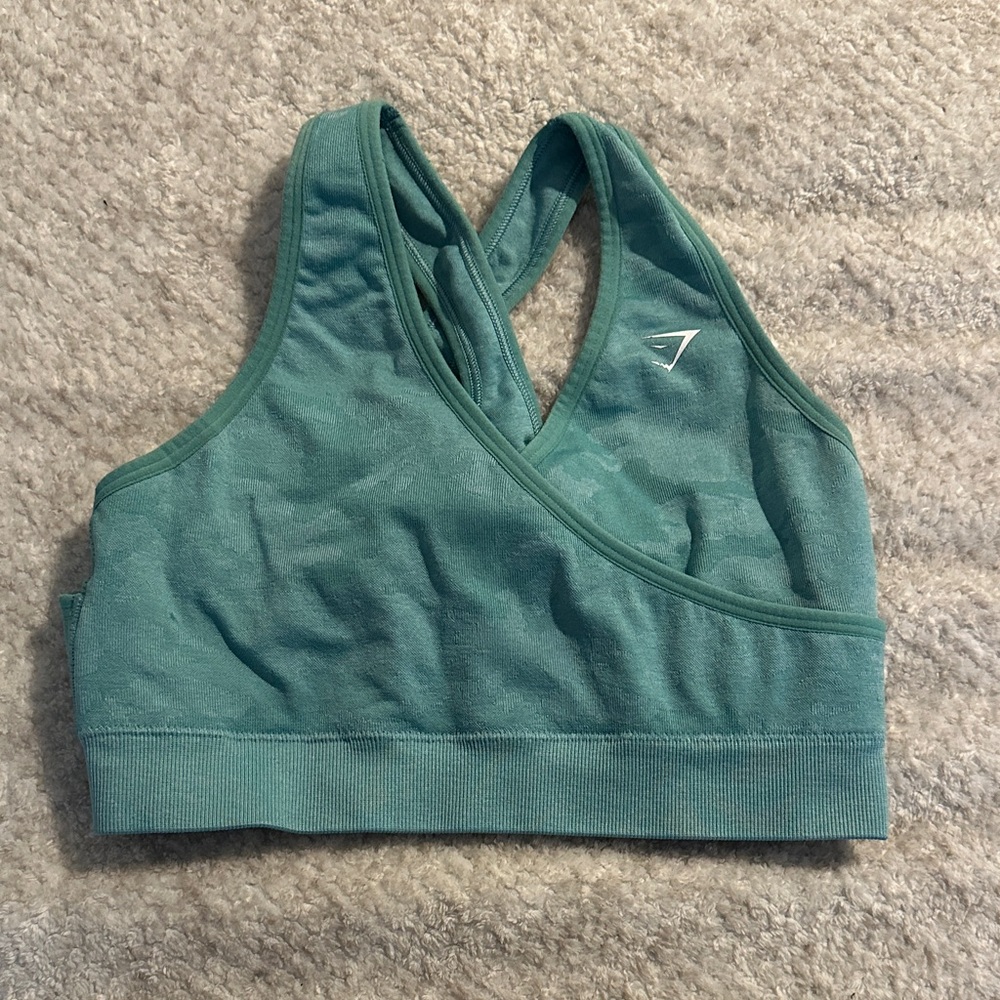 Gymshark Cross-Back Sports Bra — Teal Green Camo